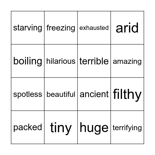Extreme Adjectives Bingo Card