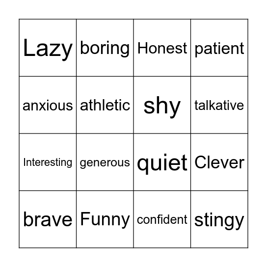 Personality Adjectives Bingo Card