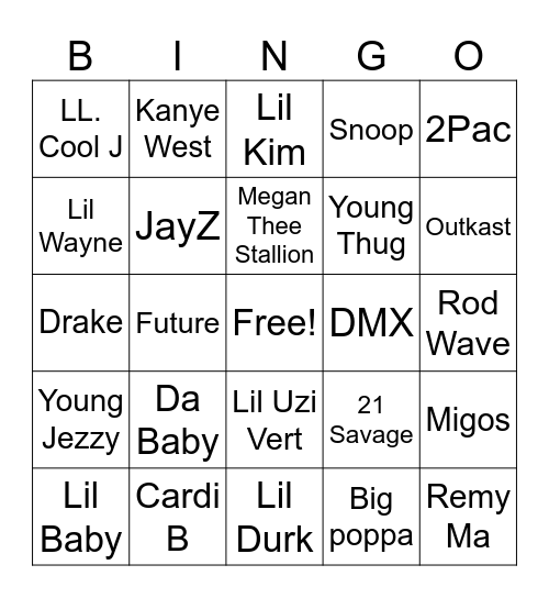 Hip hop Bingo Card