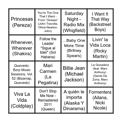 BF Bingo Musical Bingo Card