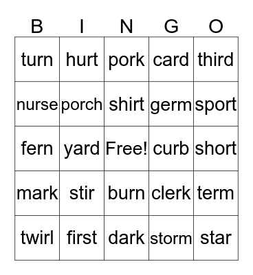 ar     er     ir     or     ur Bingo Card