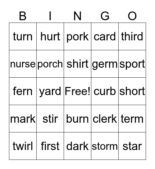 ar     er     ir     or     ur Bingo Card