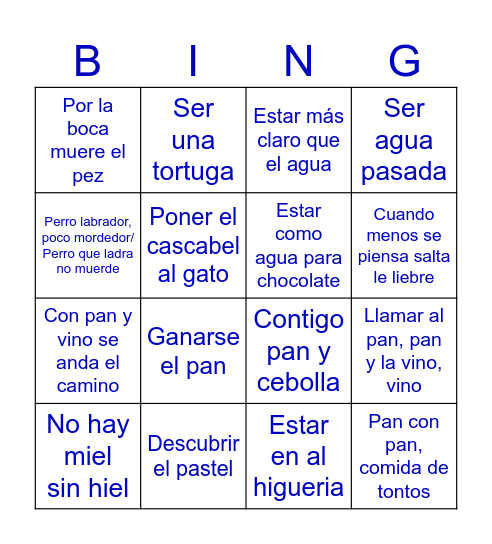 Expresiones y refranes con alimentos y animales Bingo Card