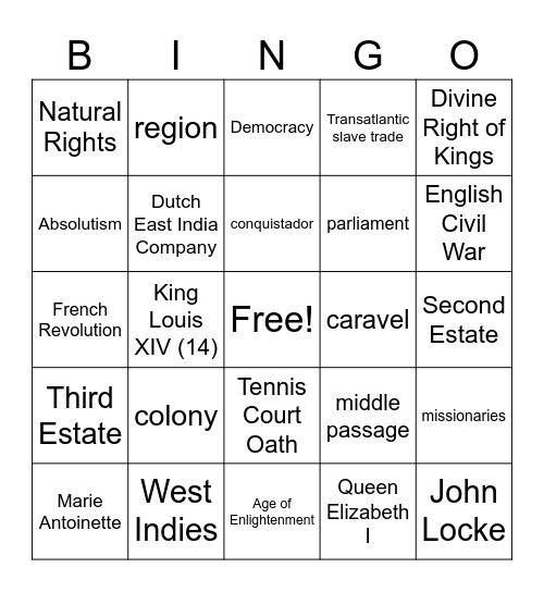 Ages of Colonization, Absolutism, Enlightenment, and Exploration Review Bingo Card