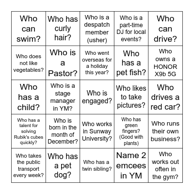 YM Human Bingo Card