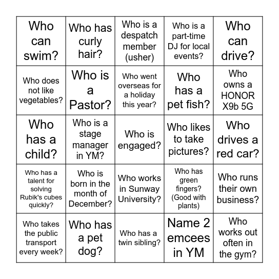 YM Human Bingo Card