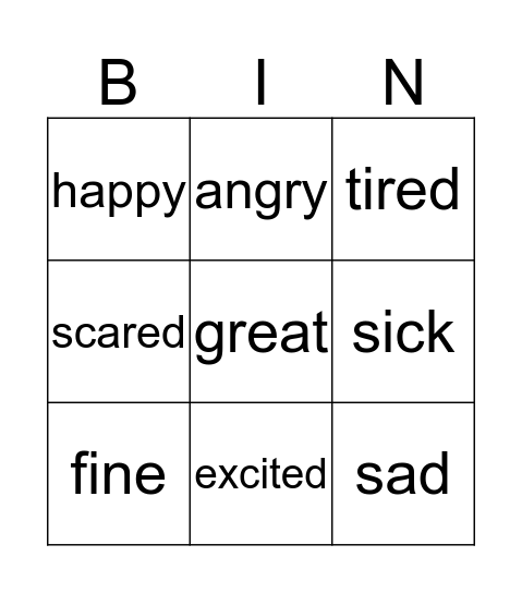 Feelings Bingo Card