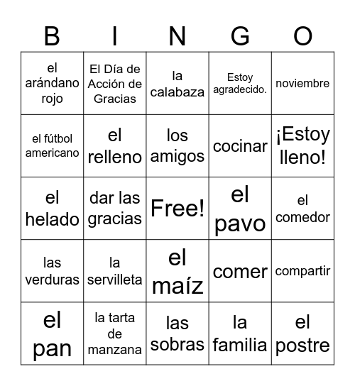 ¡Feliz Día de Acción de Gracias! Bingo Card