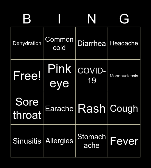 Common Illnesses Bingo Card