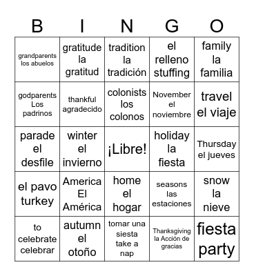 El Accion de Gracias Bingo Card