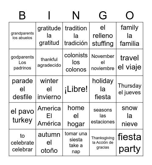 El Accion de Gracias Bingo Card