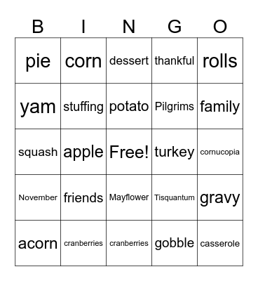 Thanksgiving Vocab Bingo Card