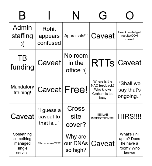 Speciality Meeting Bingo Card