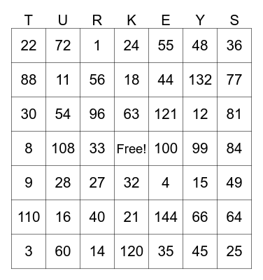 Multiplication Bingo Card