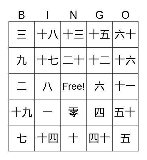 Chinese Number Bingo Card
