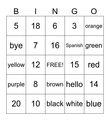 Numbers in Spanish Bingo Card