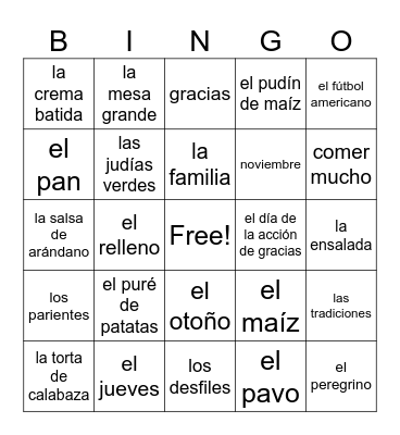 El Día de Acción de Gracias Bingo Card