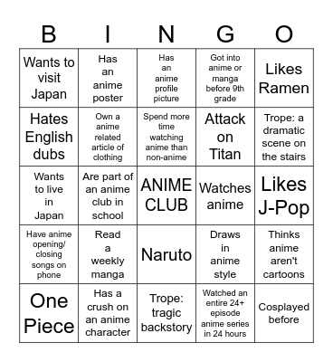 MANGA/ANIME BINGO Card