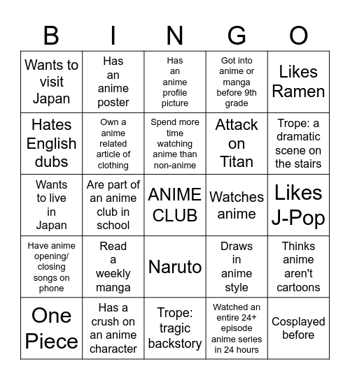 MANGA/ANIME BINGO Card