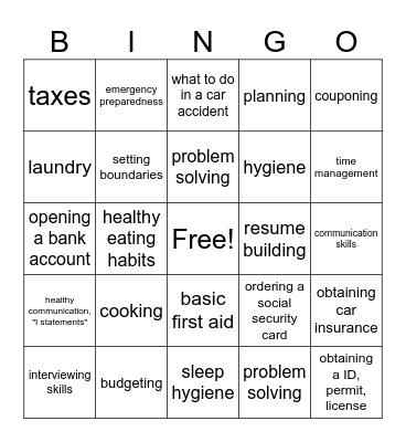 Life Skills Bingo Card