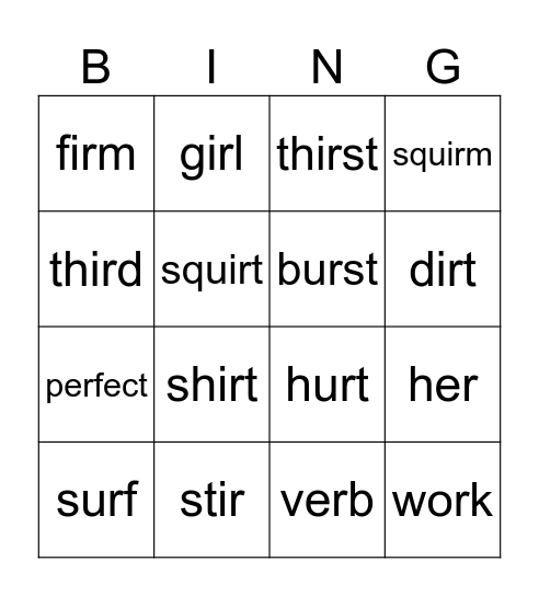 ir, er, ur Bingo Card
