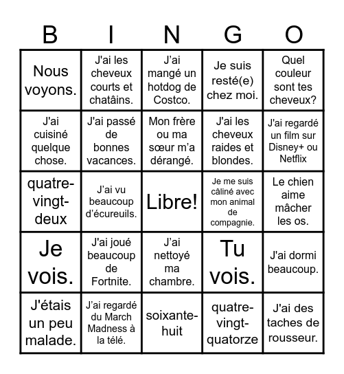 Qu’as-tu fais le week-end dernier ? Bingo Card