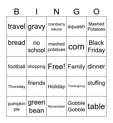 Thanksgiving BINGO Card