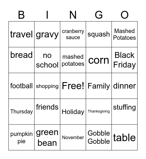 Thanksgiving BINGO Card