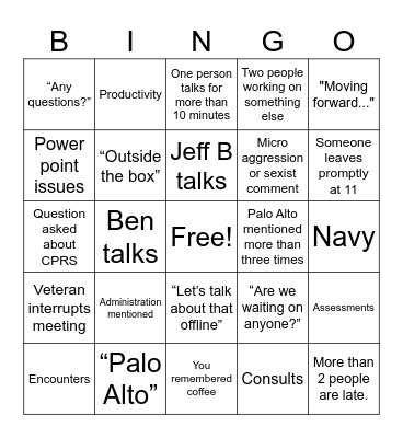 Work Meeting Bingo Card
