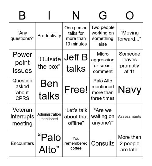 Work Meeting Bingo Card