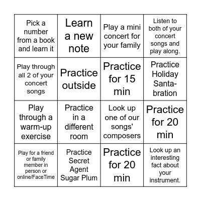 Thanksgiving Break 7th Grade Band Bingo - extra credit Bingo Card