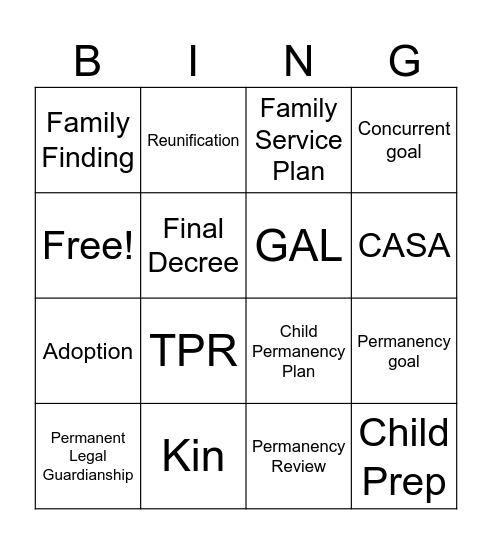 Permanency Bingo Card