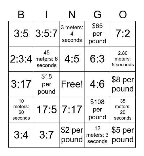 Ratio and Rate Bingo Card