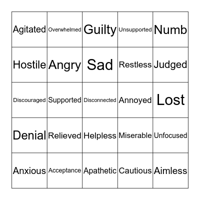 Feelings of Grief Bingo  Bingo Card
