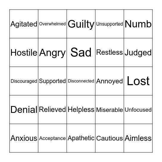 Feelings of Grief Bingo  Bingo Card