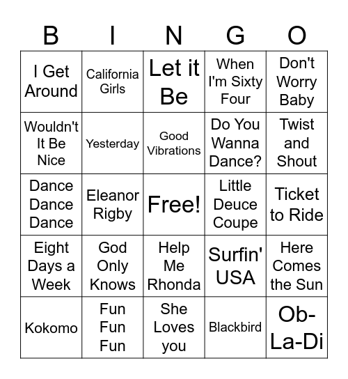 Beach Boys/Beatles Bingo Card