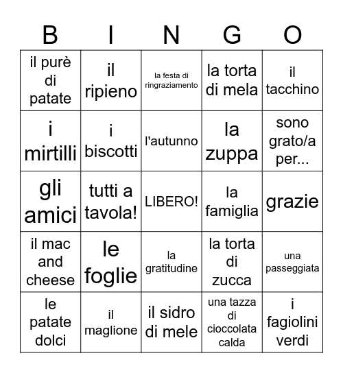 Ringraziamento / Autunno Bingo Card