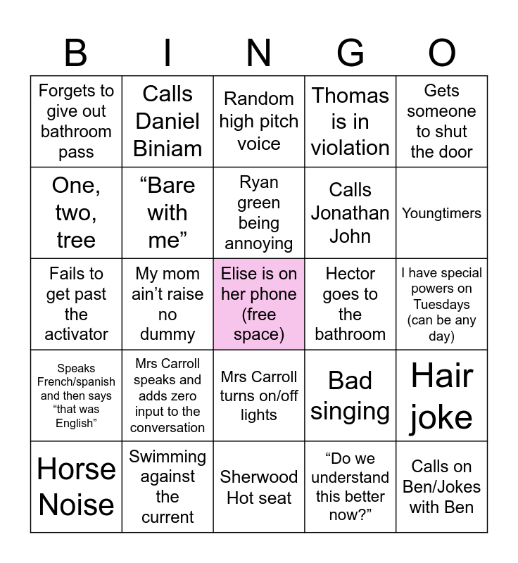 Mr Young Bingo Card