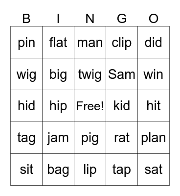 A & I Word Family Bingo Card
