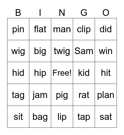 A & I Word Family Bingo Card