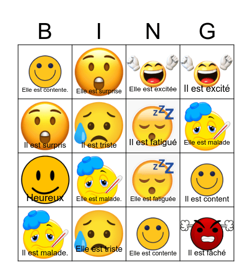 Les émotions Bingo Card