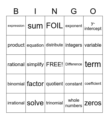 Algebra 1 Vocabulary Bingo Card