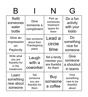 Thankfulness Bingo Card