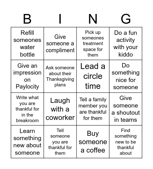 Thankfulness Bingo Card