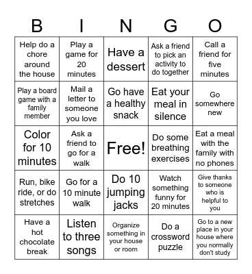 Time to Take a Brain Break Bingo Card
