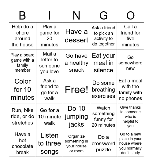 Time to Take a Brain Break Bingo Card