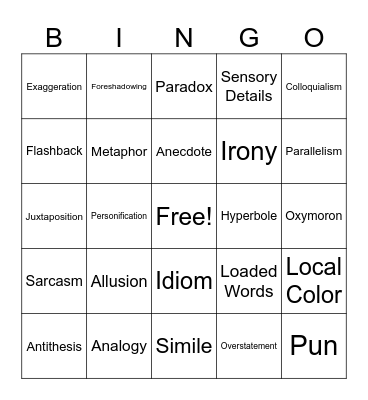 Writing Techniques Bingo Card