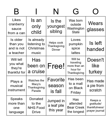 Thanksgiving Bingo Mingle Bingo Card