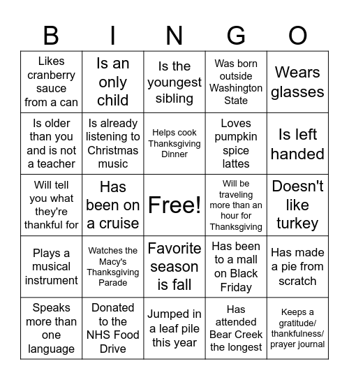 Thanksgiving Bingo Mingle Bingo Card