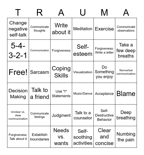 Trauma Bingo Card